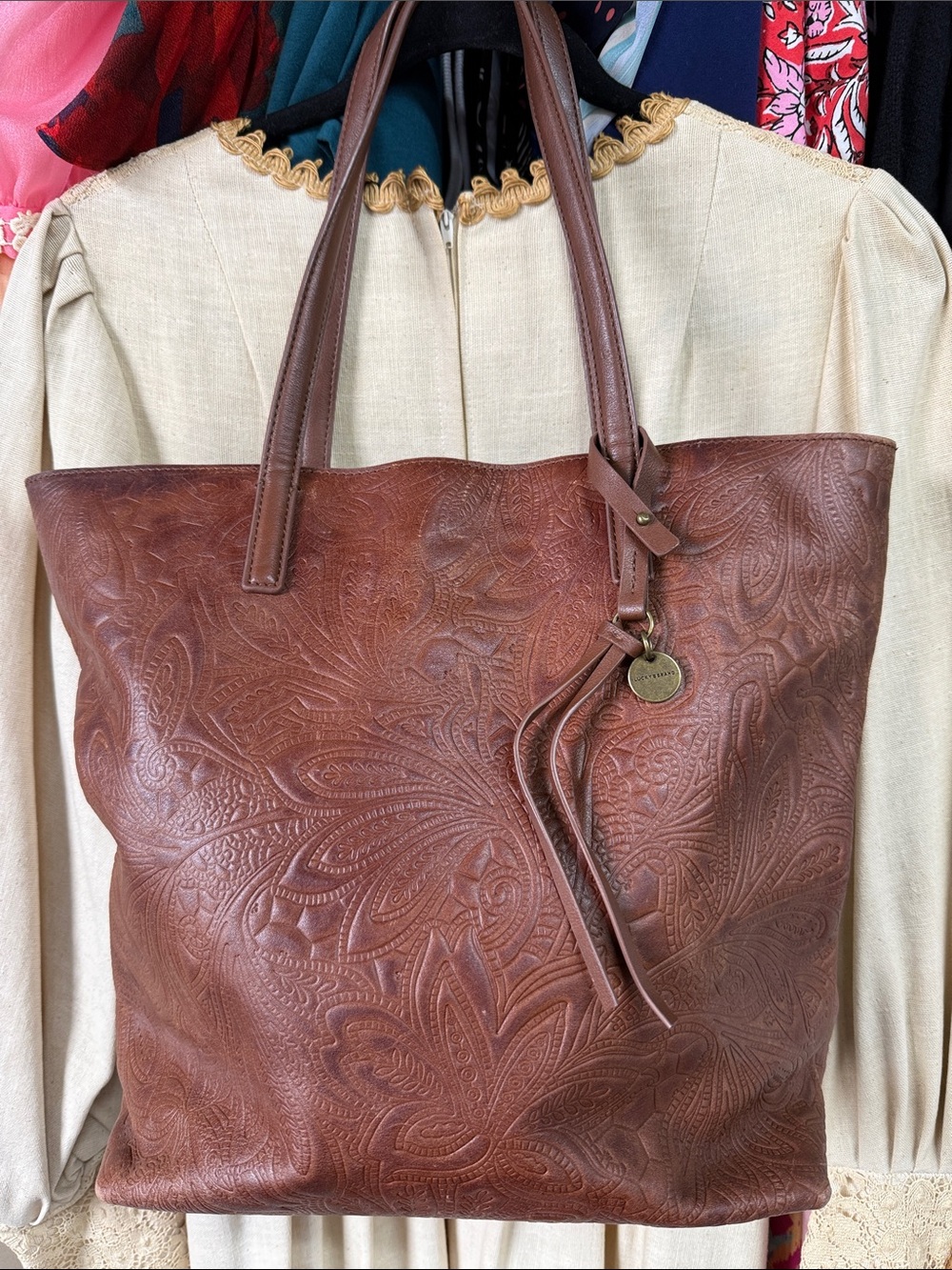 Embossed Lucky Brand Brown Leather Tote Bag